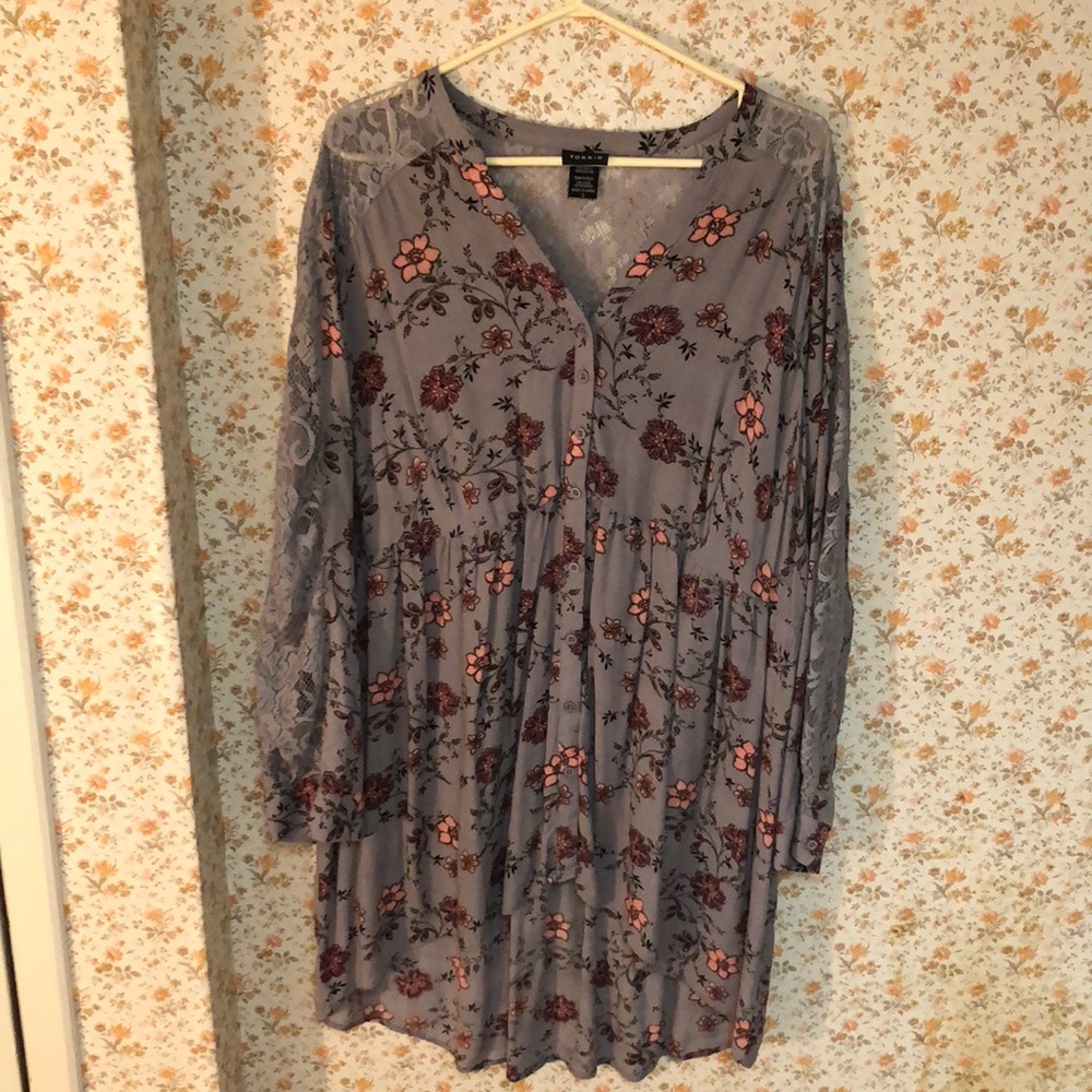Grey lantern sleeve hi-low blouse